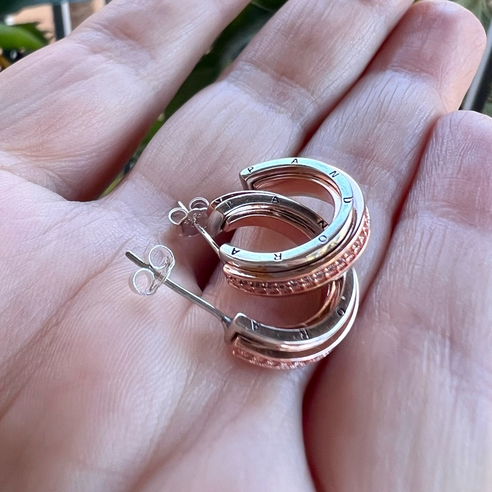 Pandora Logo Two tone & Pavé Hoop Earrings - Picture 7 of 10
